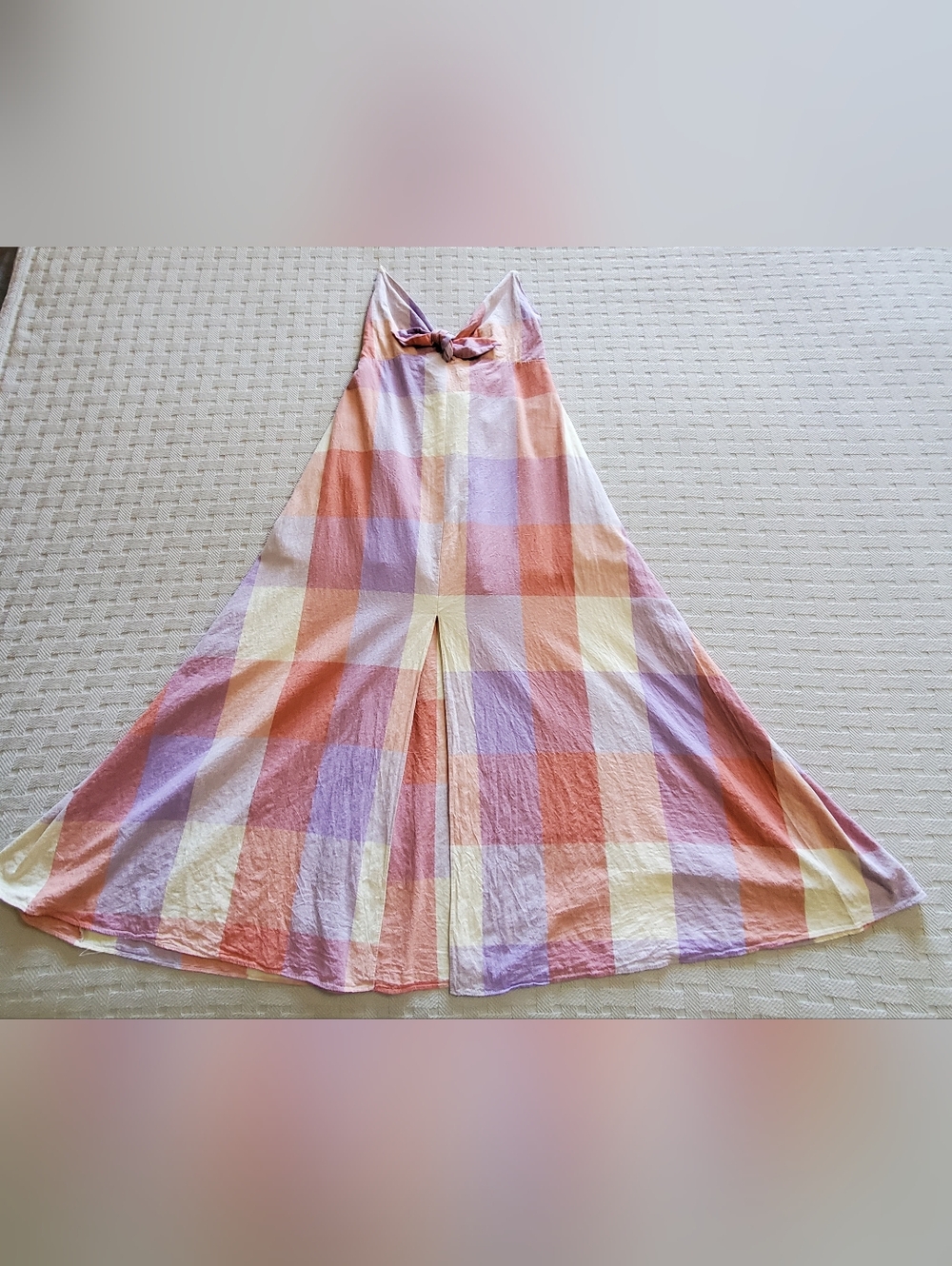 Dress Forum LA Ally Plaid Maxi Dress Lavender Coral Tie-back Front Slit Lined - Picture 6 of 16
